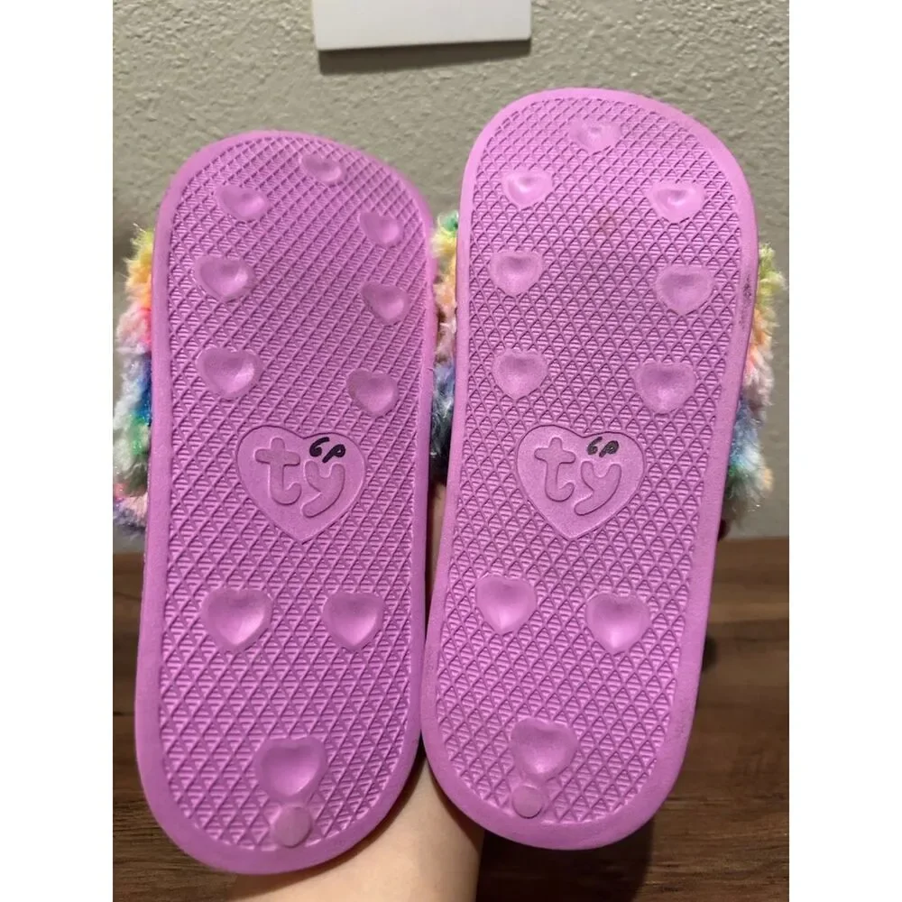 TY Beanie Boo Rainbow Plush Slide Sandals Slippers Girls Size 4-6 (EU 37) Pink